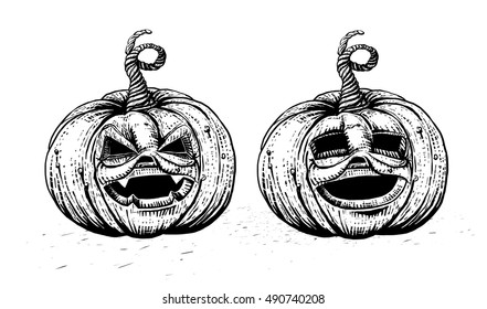 Halloween Pumpkin. Engraved Jack character vector illustration. Skecth style hand drawn pumpkin set.