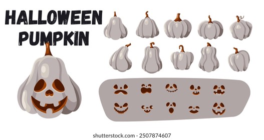 Halloween pumpkin enthusiastic faces constructor color vector outline set. Jack o light feelings for harvest time occasion character plan