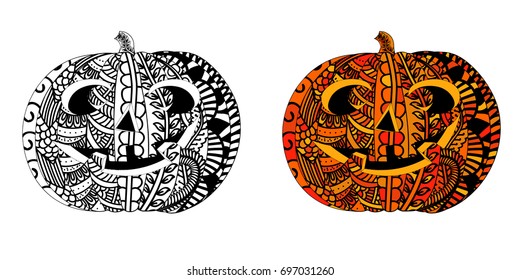 Halloween pumpkin with ethnic doodle pattern. Zentangle inspired pattern for anti stress coloring book pages for adults and kids. Black on white and colored in one