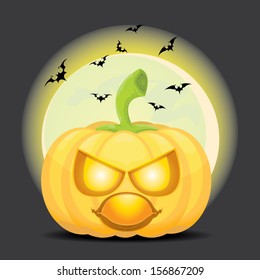 Halloween Pumpkin with evil bats on dark moon background. Scary Jack. Vector illustration