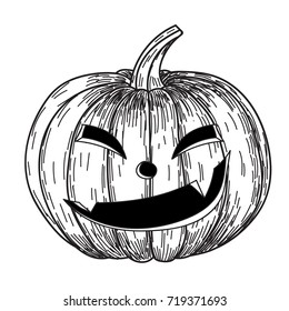 Halloween pumpkin with evil scary smile in funny hand drawing doodle sketch style