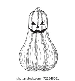 Halloween pumpkin with evil scary smile in funny hand drawing doodle sketch style