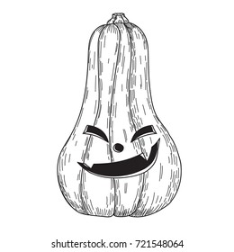 Halloween pumpkin with evil scary smile in funny hand drawing doodle sketch style