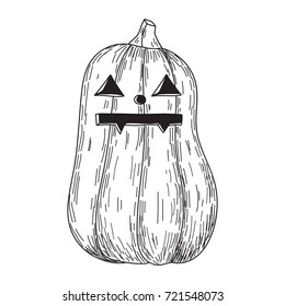 Halloween pumpkin with evil scary smile in funny hand drawing doodle sketch style
