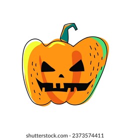 Halloween pumpkin with an evil smile. Jack lantern in colorful and bright colors. Creepy facial expression. Hand drawn. Vector illustration isolated.