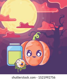 halloween pumpkin with eyes scary on halloween scene vector illustration design