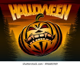 Halloween Pumpkin with eyes and toothy mouth in a terrible night forest; Vector poster background for holiday of evil spirits and devilry; Eps8