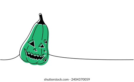 Halloween pumpkin face, autumn vegetable one line colored continuous drawing. Halloween pumpkin face continuous one line illustration.