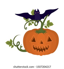 halloween pumpkin with face and bat flying