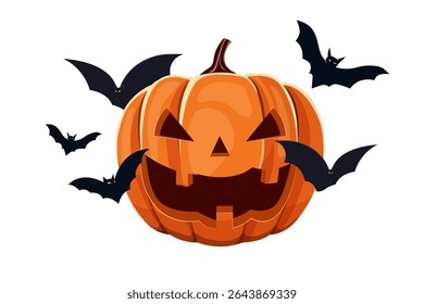 halloween pumpkin face and bats flying.halloween decoration concept clip art vector illustration.