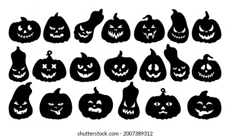 Halloween Pumpkin face cartoon black silhouette set. Pumpkins with scared and smiley faces, creepy grin, symbol holiday Happy Halloween. Cute and funny muzzle. Scary spooky devils eyes Isolated vector