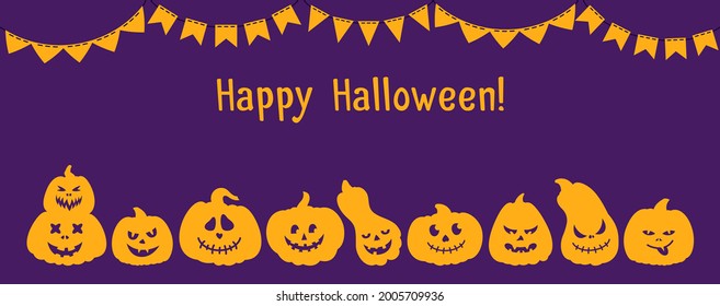 Halloween Pumpkin face cartoon card. Pumpkins with scared and smiley faces, creepy grin, smiling symbol holiday Happy Halloween. Cute funny muzzle and garland bunting. Scary spooky devils eyes vector