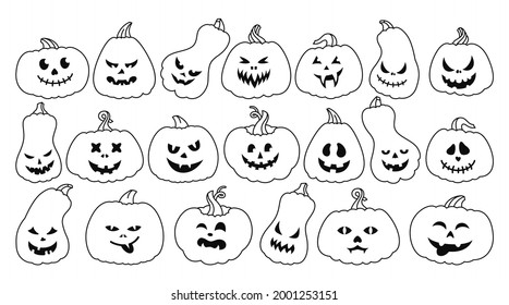 Juego de contorno de caricatura de la Calabaza de Halloween. Calabazas en línea con caras asustadas y sonrientes, sonrisa espeluznante, el símbolo feriado Feliz Halloween. Una bozal muy agradable y divertida. Scary espeluznante ojos de demonios Vector aislado