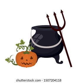 halloween pumpkin with face and cauldron