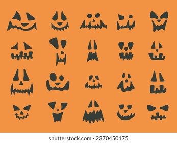 Halloween pumpkin face collection. Black isolated different emotions characters. Scary and funny Halloween pumpkin or ghost faces, vector illustration