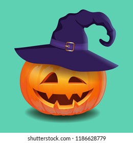 Halloween pumpkin face - creepy smile Jack o lantern in magic hat, autumn holidays banner. Jack o lantern icon emotion. Vector illustration.