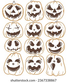 Halloween pumpkin face cute cartoon characteristic character emotions, individual elements on a white background set autumn holiday harvest horror stories