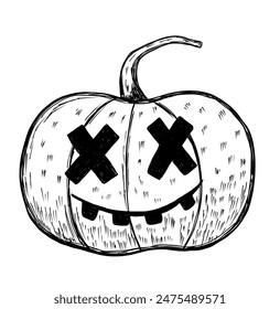 Halloween pumpkin with face in hand drawn line style