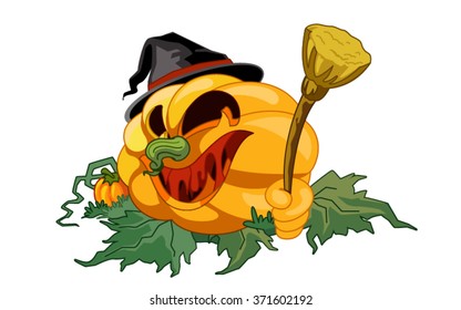 Halloween Pumpkin face holding a broom vector illustration