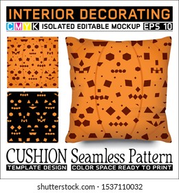 Halloween pumpkin face, the horror face created in various geometric styles. Seamless pattern for cushion (throw pillow) and others.