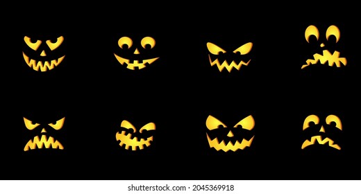 Halloween pumpkin face icon set. Scary, funny, happy, smile, creepy and spooky ghost faces. Vector illustration.