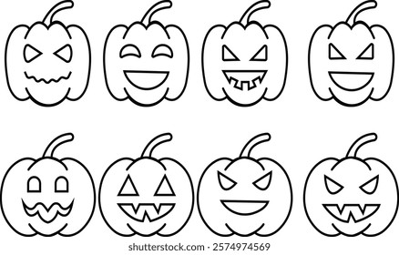 Halloween Pumpkin Face Icon set, jack-o-lantern flat graphic design elements, isolated on transparent background. used for Halloween festival, element template poster, brochures, online advertising,