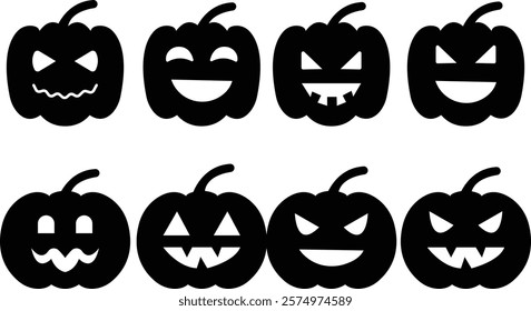 Halloween Pumpkin Face Icon set, jack-o-lantern flat graphic design elements, isolated on transparent background. used for Halloween festival, element template poster, brochures, online advertising,