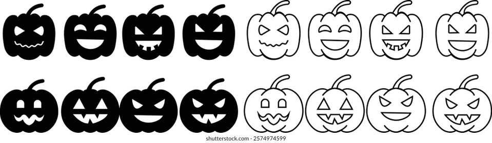 Halloween Pumpkin Face Icon set, jack-o-lantern flat graphic design elements, isolated on transparent background. used for Halloween festival, element template poster, brochures, online advertising,