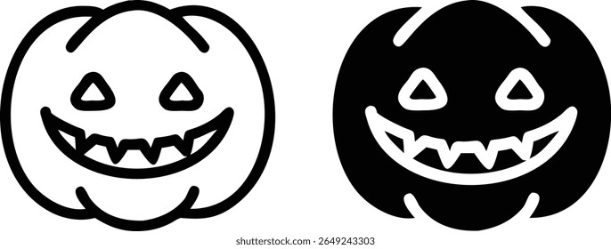 Halloween Pumpkin Face Icon Set – Black and White Scary Jack-o'-Lantern Vector Illustration