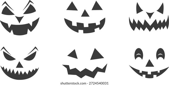 Icono de cara de calabaza de Halloween con expresiones aterradoras y juguetonas. Las siluetas de gato negro o linterna muestran ojos y bocas tallados para diseños espeluznantes. Perfecto para temas de terror, gráficos de fiesta y decoraciones de temporada.