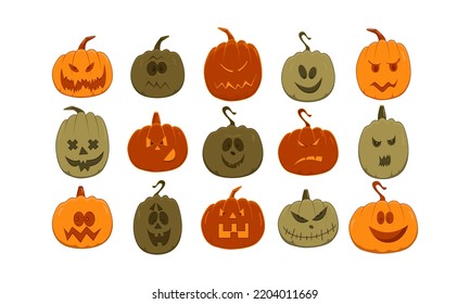 Halloween pumpkin face icons, isolated on a white background. A set of pumpkins for Halloween. Monster Faces. Happy Halloween. Elements for fall decor, Halloween invitation.