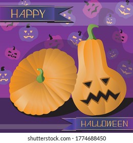 Halloween pumpkin with face as invitation, card or square card for web or internet. Vector stock illustration with pumpkin face and text Happy Halloween as a concept for celebration, party