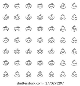 Halloween Pumpkin Face Line Icons Set. Pumpkin Emoticons Linear Style Symbols Collection, Outline Signs Pack. Vector Graphics. Set Includes Icons - Happy Halloween Emoji, Angry Smiley, Horror, Smiling