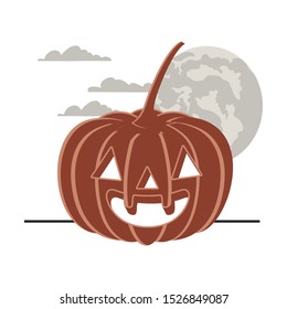 halloween pumpkin with face and moon vector illustration design