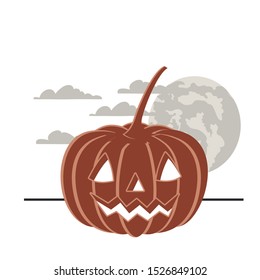 halloween pumpkin with face and moon vector illustration design