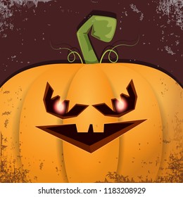 Halloween pumpkin with face on dark background. Vector cartoon Illustration of  Carved pumpkin into jack-o-lanterns for halloween banners and posters