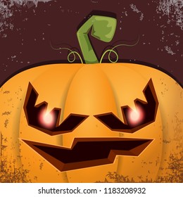 Halloween pumpkin with face on dark background. Vector cartoon Illustration of  Carved pumpkin into jack-o-lanterns for halloween banners and posters