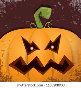 Halloween pumpkin with face on dark background. Vector cartoon Illustration of  Carved pumpkin into jack-o-lanterns for halloween banners and posters