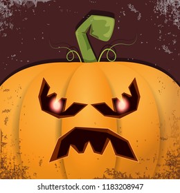 Halloween pumpkin with face on dark background. Vector cartoon Illustration of  Carved pumpkin into jack-o-lanterns for halloween banners and posters