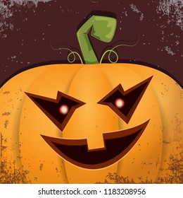 Halloween pumpkin with face on dark background. Vector cartoon Illustration of  Carved pumpkin into jack-o-lanterns for halloween banners and posters