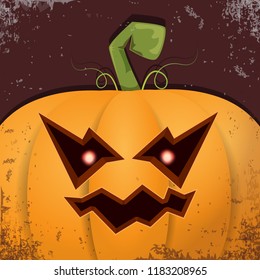 Halloween pumpkin with face on dark background. Vector cartoon Illustration of  Carved pumpkin into jack-o-lanterns for halloween banners and posters