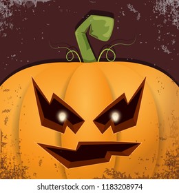 Halloween pumpkin with face on dark background. Vector cartoon Illustration of  Carved pumpkin into jack-o-lanterns for halloween banners and posters