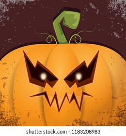 Halloween pumpkin with face on dark background. Vector cartoon Illustration of  Carved pumpkin into jack-o-lanterns for halloween banners and posters