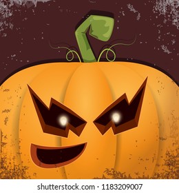 Halloween pumpkin with face on dark background. Vector cartoon Illustration of  Carved pumpkin into jack-o-lanterns for halloween banners and posters