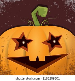 Halloween pumpkin with face on dark background. Vector cartoon Illustration of  Carved pumpkin into jack-o-lanterns for halloween banners and posters