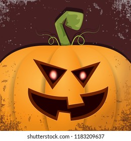 Halloween pumpkin with face on dark background. Vector cartoon Illustration of  Carved pumpkin into jack-o-lanterns for halloween banners and posters