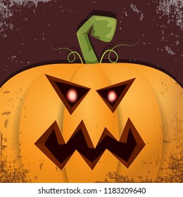 Halloween pumpkin with face on dark background. Vector cartoon Illustration of  Carved pumpkin into jack-o-lanterns for halloween banners and posters