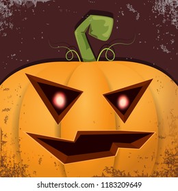 Halloween pumpkin with face on dark background. Vector cartoon Illustration of  Carved pumpkin into jack-o-lanterns for halloween banners and posters