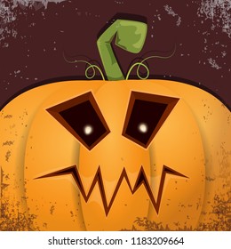 Halloween pumpkin with face on dark background. Vector cartoon Illustration of  Carved pumpkin into jack-o-lanterns for halloween banners and posters