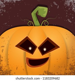 Halloween pumpkin with face on dark background. Vector cartoon Illustration of  Carved pumpkin into jack-o-lanterns for halloween banners and posters